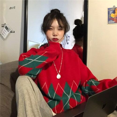 Christmas and New Year sweater women loose autumn and winter diamond grid Japanese pullover sweater coat