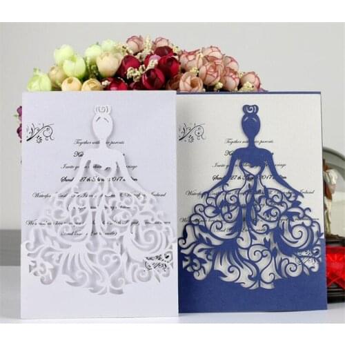 5 Colors Modern hollow out pocket wedding invitation card with envelope printed cards laser cut cover elegant party invites
