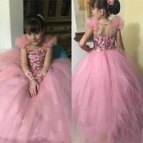 New Coming Tulle Flower Girl Dress For Wedding with 3D Floral Appliques Beading Sheer Neck Illusion Long Sleeve Custom Made