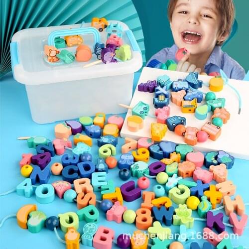Boxed Childrens Stringing Building Blocks Beaded Around The Bead Baby Beading Number Letter Puzzle Toy Early Education