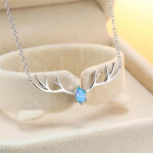 Vintage Silver Color Chain Necklace Cute Small Elk Antlers Pendant Necklace White Blue Opal Water Drop Stone Necklaces For Women