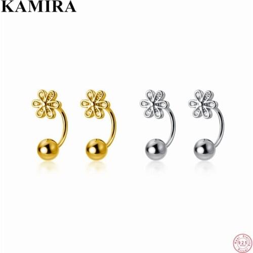 KAMIRA 925 Sterling Silver Sweet Shiny Zircon Flower Spiral Bead Stud Earrings for Women Friendship Party Retro Chic Jewelry New