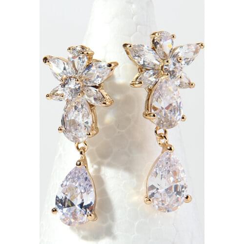 MOODPC Free shipping Gold Color Ladies Luxury Drop Earrings AAA+ Flower Zircon Earring Top Quality Nickel & Lead Free