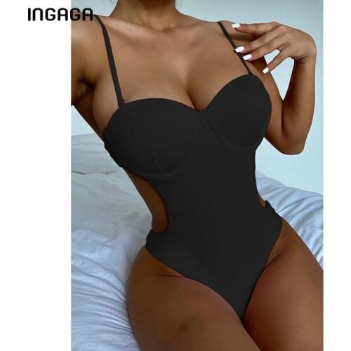 INGAGA Sexy One Piece Swimsuits Cut Out Swimwear Women 2021 Solid Bathing Suit High Cut Bodysuit Summer Strap Beachwear New