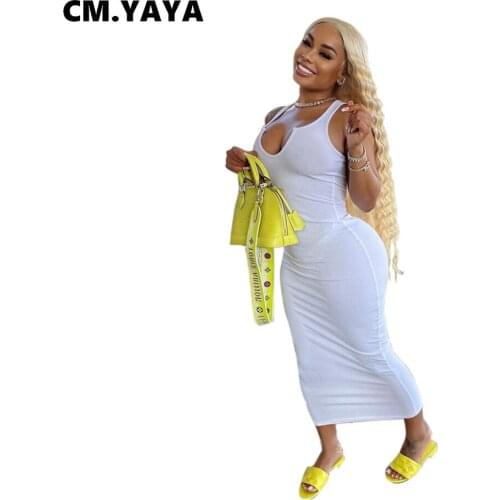 CM.YAYA Women Long Dress Solid Sleeveless U-neck Strechy Bodycon Ankle Length Dresses Sexy Fashion Streetwear Summer Outfits