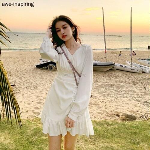 Vintage Plunge V Neck Womens Summer Dress White Lace Long Sleeve Sexy Mini Wedding Party Oversized Ruffle Elegant Clothes