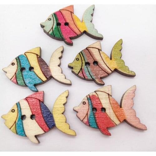 50 tablets / pack of 26mm painted small fish wood buttons childrens DIY pure handmade accessories wooden crafts wooden