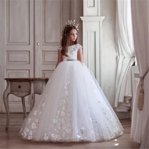 White sleeveless crystal princess girls ball gowns for wedding white lace flower girls dress girls celebration white lace dress