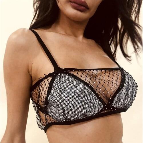 Shiny Rhinestones Sequin Fishnet Festival Hollow Sexy crop top women diamond Mesh tank top beach Nightclub party cropped shirt