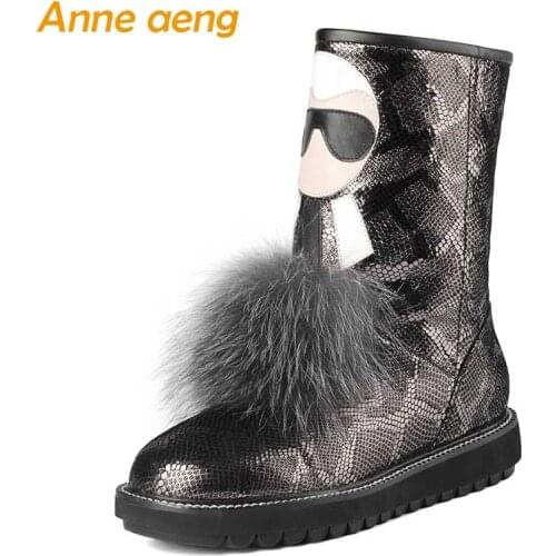 2019 New Winter Genuine Leather Women Ankle Boots Low Flats Heel Wool Lining Women Cow Leather Shoes Champagne Warm Snow Boots