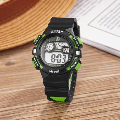OHSEN Students Child Watch Cool Kids Watches Sports Alarm Watch Unisex Rubber Band Green Digital LCD Wristwatch 50m Swim Horloge
