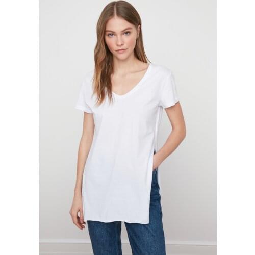 White V Neck Asymmetric Knitted T-Shirt 2021 New Season New Trend Summer Fashion Casual Sleeve Tops And Tshirts Different Colors