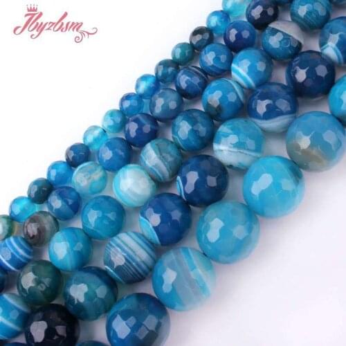 Round Faceted Blue Banded Stripe Agates Natural Stone Loose Beads 15" for DIY Accessories Women Men Jewerly Making 8.10.12.14mm