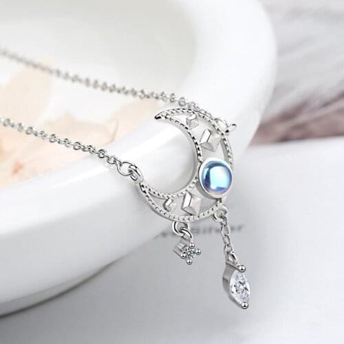 KOFSAC 2020 Trendy 925 Sterling Silver Chain Necklace For Women Dazzle Crystal Moon Pendant Necklace Girl Engagement Accessories