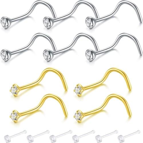 18G 20G Nose Rings Studs Nose Pin Bones L Shaped Nose Rings Nose Screws with CZ Stones Stainless Steel Nose Piercing Jewelry