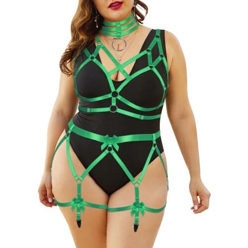 Plus Size Sexy Lingerie Set Plump Women Harness Fashion Exotic Costumes Erotic Collar Pink Bow Accessories Suspender Belt Garter