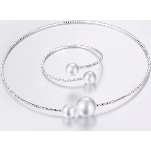 TREAZY Simulated Pearl Crystal Wedding Jewelry Sets for Women Gold/Silver Color Choker Necklace Bracelet Set African Jewelry