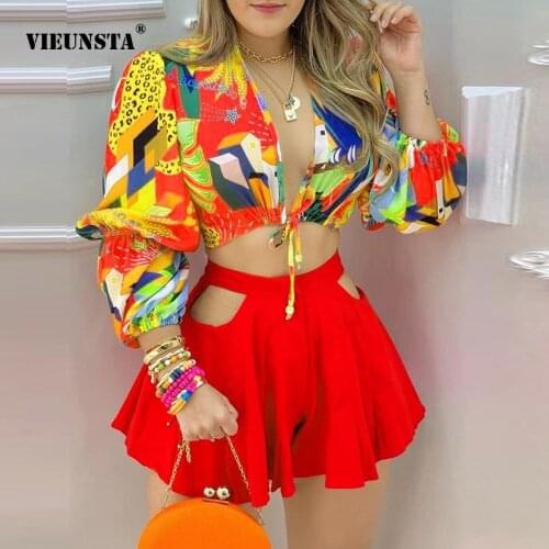 Vintage Gorgeous Floral Print Summer Women Two Piece Set Casual Deep V Neck Lace-Up Long Sleeve Tops And Hollow Out Shorts Suits