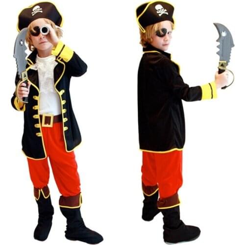 Discount Naughty Children Pirates Costume Outfit Boys Kids Halloween Cosplay Hat+Blindfold+Vest+Coat+Belt+Pants+Boots
