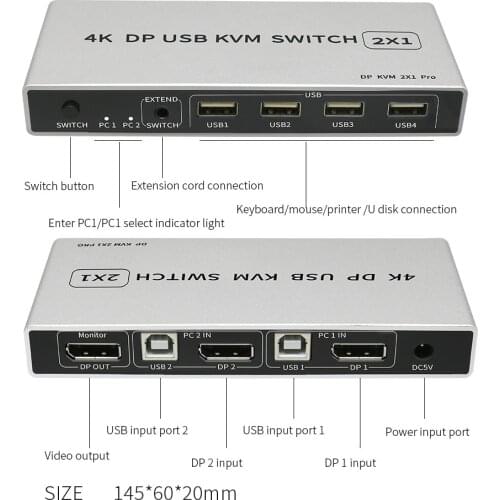 Dual-port 8K Displayport KVM Switch USB Displayport KVM 144Hz DP Switcher 4KX2K/60Hz 2K/144Hz Displayport 2 in 1 out KVM USB