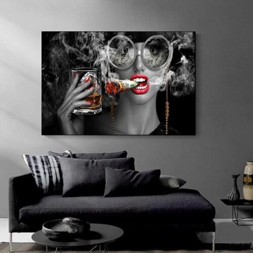 Red Lip Fashion Woman Black and White Cigarette Canvas Painting Poster Print Wall Art Picture for Living Room Home Decor Cuadros