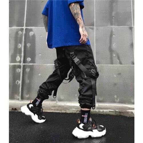 New Spring Hip Hop Joggers Pants Men Loose Black Harem Pants Multi-pocket Ribbon Trousers Casual Streetwear Sport Pants for Men