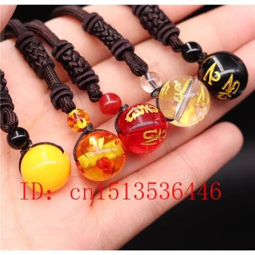 Natural Obsidian 14mm Six-Character True Words Bead Pendant Necklace Fashion Charm Jewelry Buddhism Amulet Man Woman Gift