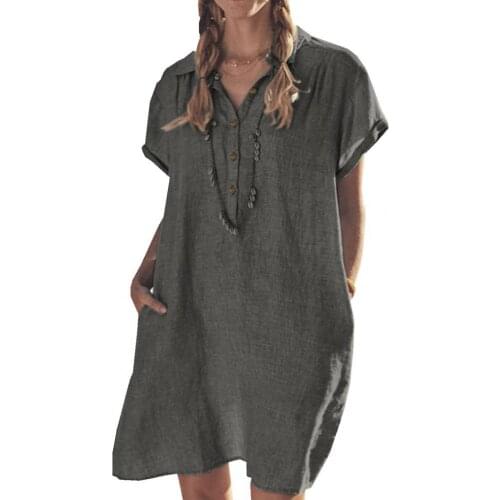 Summer Casual Shirt Dress Solid Color Pockets Women Short Sleeve Lapel Buttons Dress for Dating Loose Dress for Daily Wear
