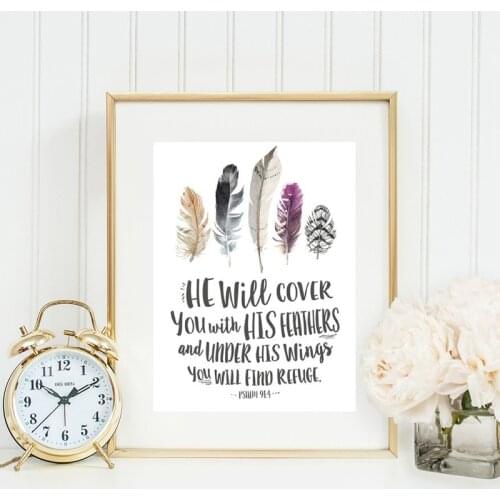 Bible Verse Psalm 91:4 Quotes Poster Art Print Birds Feathers Scripture Christian Wall Art Canvas Painting Pictures Home Decor