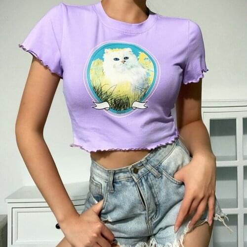 Printed Cat Short Sleeve T Shirt Women Cute Cropped Streetwear Youthful T-shirt 2021 Summer Slim Multicolor Cartoon Crop Tops