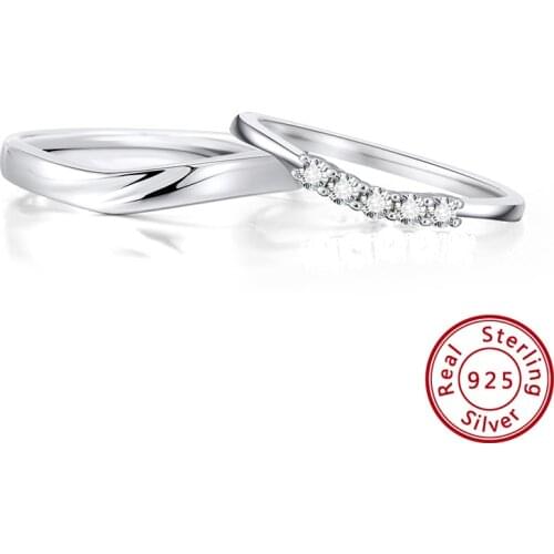 Rinntin Pure S925 Silver Couple Rings AAAA Zircon Engraved Romantic Rings for Lovers Engagement Anniversary Jewelry Gifts SR195