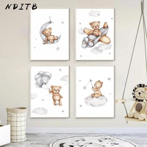 Kwaii Bear Airplane Moon Canvas Poster Nursery Art Baby Room Painting Cartoon Print Wall Picture Nordic Kid Bedroom Decoration
