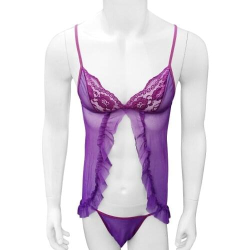 Sexy Lace Sissy Lingerie Set with Thong Sleepwear For Mens Nightwear Crossdresser Dress sets See Through Funny Sissy Dress