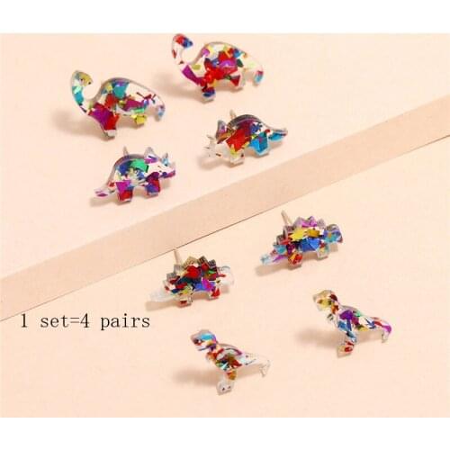 4 Pairs Acrylic Dinosaur Stud Earrings Womens Gift Jewelry Fashion Unique Shiny Sequins Tyrannosaurus Animal Pierced Earrings