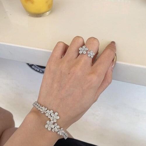 Fashion Asymmetry Flower Ring Inlay Shiny Small Zircon Charm Drop Earrings 925 Silver Jewelry For Women Engagement Birthday Gift