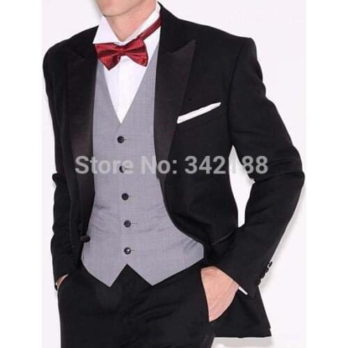 DISCOUNT!!Custom Made One Button Black Groom Tuxedos Peak Lapel Best Man Groomsmen Men Wedding Suits Bridegroom (wedding men clo