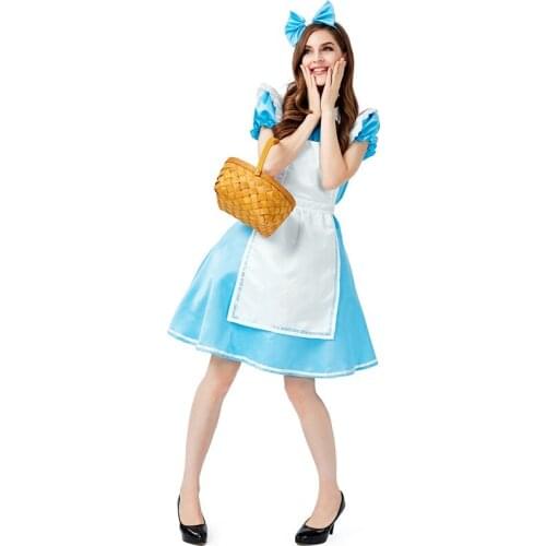 Light Blue Women Maid Cosplay Female Halloween Waitress Costumes Carnival Purim Parade Stage Nightclub Bar Role Play Party Dress