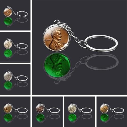 Luminous Antique Coin Keychain Us Dollar New Zealand Florin Bird Lincoln Penny Image Coin Jewelry Keyring Pendant Souvenir Coin
