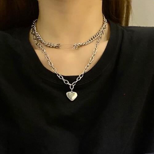 Vogallery Punk Rock 2 Pieces Heart Pendants Necklace Women Fashion Pin Multilayer Hip Hop Chain On The Neck Jewelry New