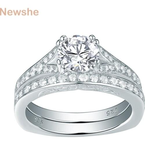 Newshe 2 Pcs Wedding Ring Set 1.4 Ct Round White AAA CZ 925 Sterling Silver Engagement Rings for Women Trendy Jewelry 1R0058