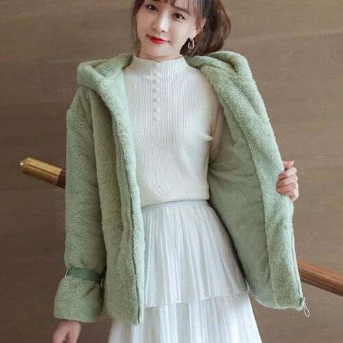 Winter Warm Hooded Imitate Rabbit Mink Plush Padded Women Fur Coat Large Size Short Solid Color Fashion Womens Fur Coat JK308