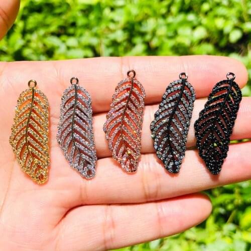 5pcs CZ Pave Gold Plated Feather Charm Pendant for Women Bracelet Necklace Earring Making Handmade Jewelry Accessories Wholesale