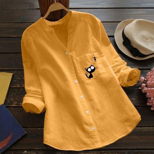 Cat Printed Blouse Women Cotton linen Casual Long Sleeve Shirt Button Down aesthetic Tops moda mujer vintage women blouse blusa