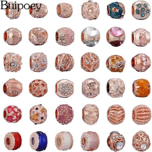 Buipoey 2pcs Rose Gold Spherical Beaded Charm Fit Bracelets Bangle Shiny Rhinestone Flowers Bee Leaves Beads Jewelry Accessories