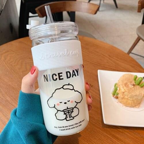 Cute Bubble Tea Bear Water Bottle BPA Free Transparent Creative Water Bottles With Straw 450ml Cartoon Boba Office Coffee Cups