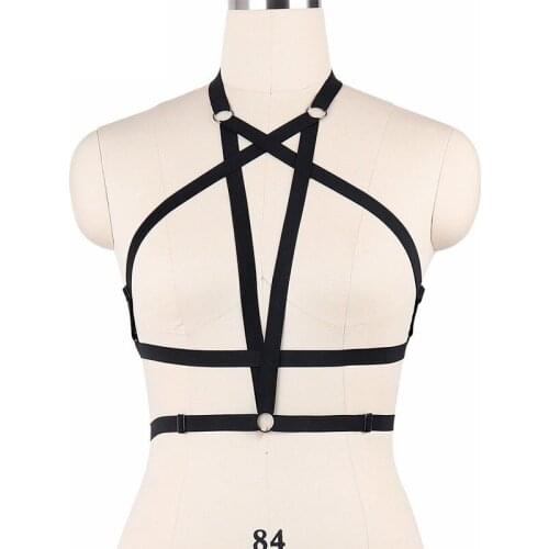 JLX.HARNESS Exotic Body Bondage Harness Harajuku Gothic Pentagram Harness Punk Black Body Cage Bra 90s Costume Crop Tops O0112