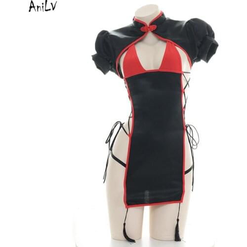 AniLV Japanese Game Chun-Li Cheongsam Dress Temptation Uniform Lingerie Costume Women Cross Strap Swimwear Pool Party Cosplay