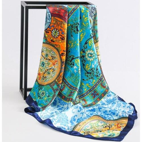 Multifunction floral printed handle bag hair headband wraps femme foulard 90*90cm silk square satin bandana women