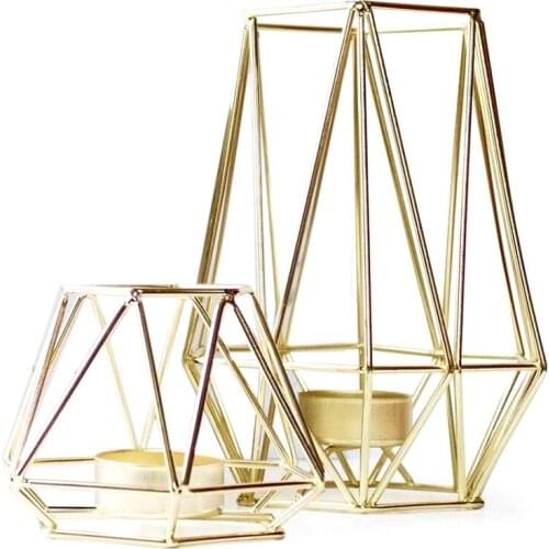 Set of 2 Gold Geometric Metal Tealight Candle Holders for Living Room & Bathroom Decorations - Centerpieces for Wedding & Dining