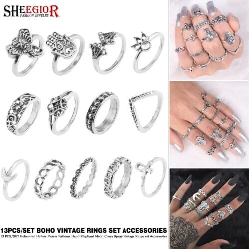 13Pcs/Lot Boho Vintage Rings set for Women Accessories Ethnic Lovely Shell Flower Moon Hand Elephant Ring lot Fashion Party Gift